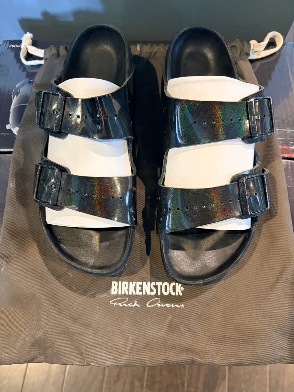 RICK OWENS Birkenstock Black Iridescent Two-Strap Sandals